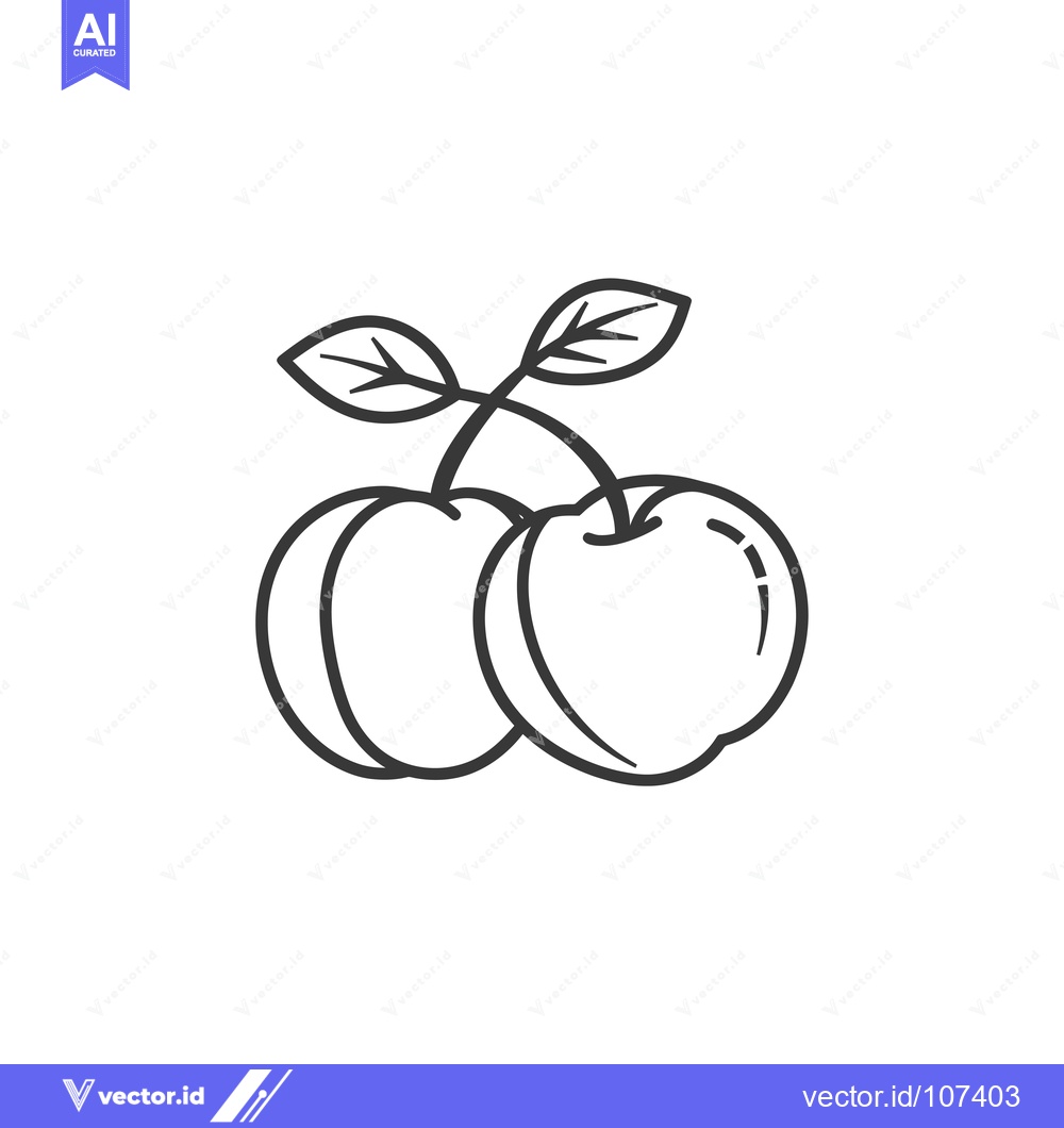 Premium Vector dari Two Cherries with Stem and Leaves in Line Art Style