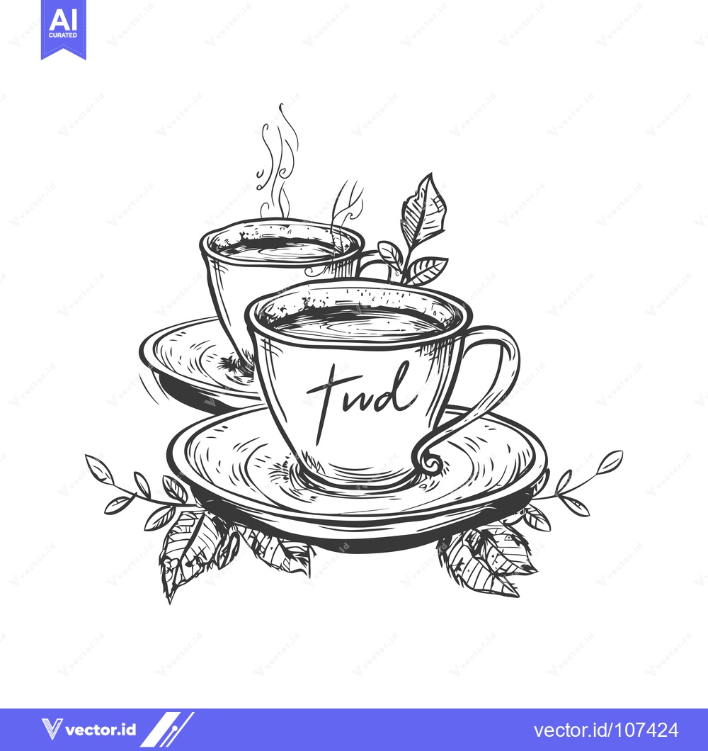 Premium Vector dari Two Cups of Hot Tea with Steam and Tea Leaves
