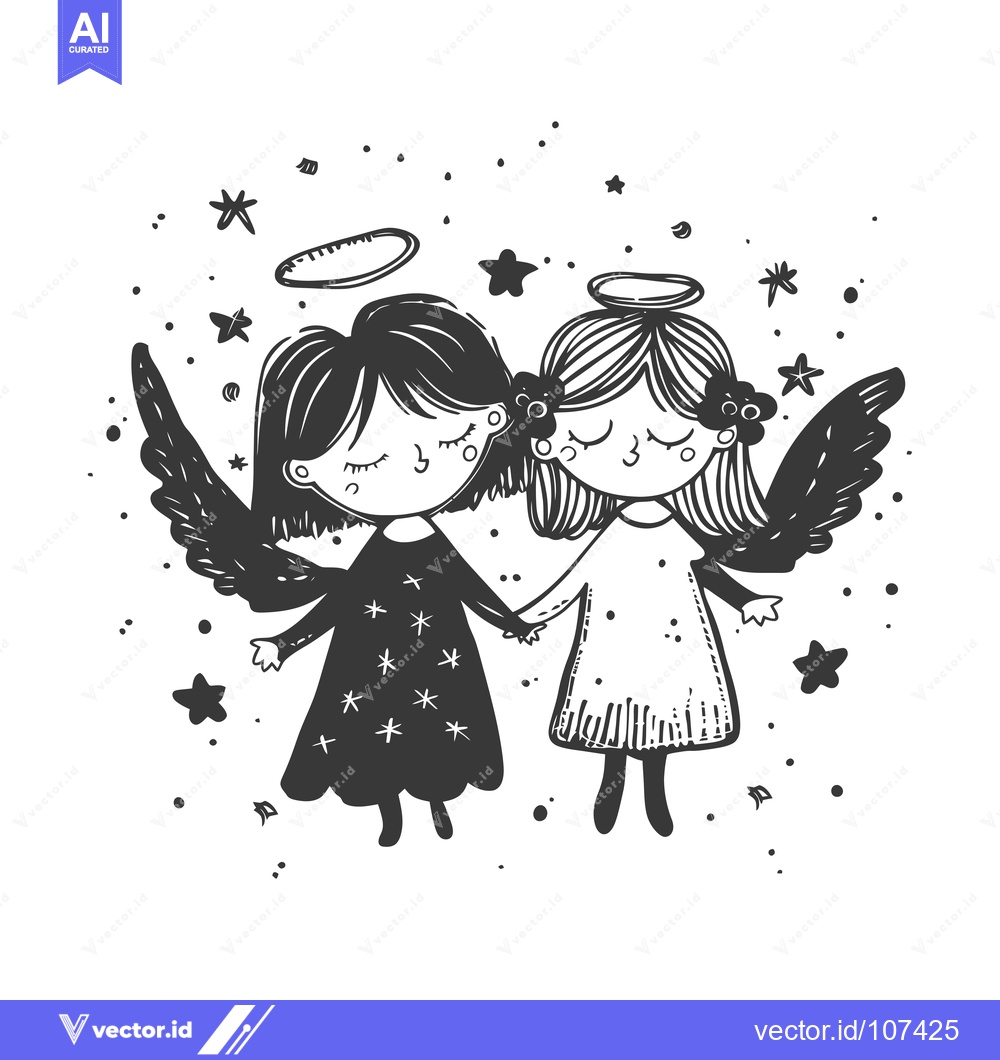 Premium Vector dari Two Cute Angels Holding Hands with Haloes and Wings in a Starry Sky