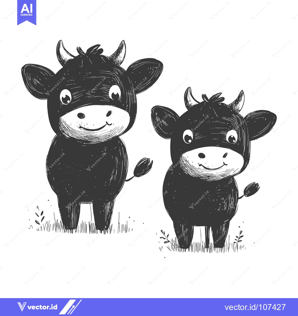 Premium Vector dari Two Cute Black and White Cartoon Cows Standing in Grass