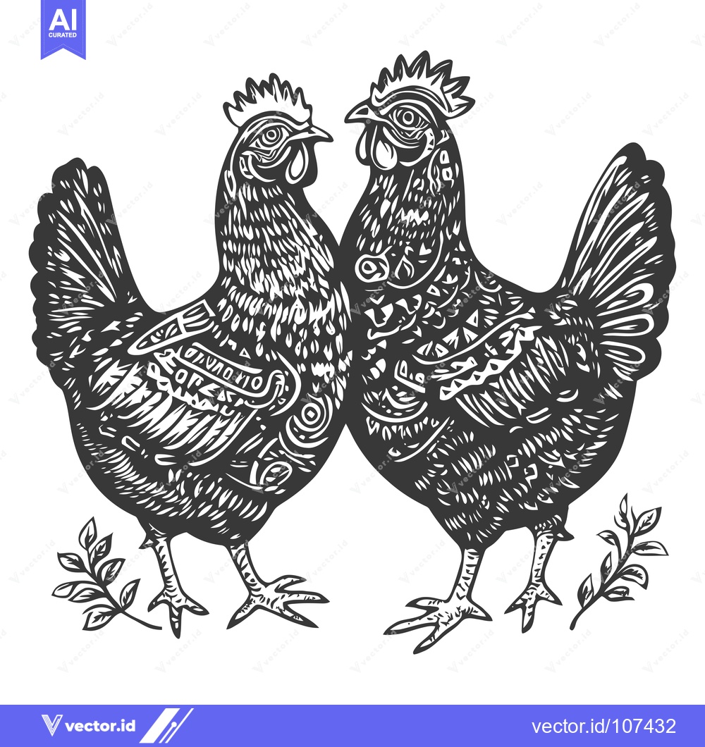 Premium Vector dari Two Detailed Black and White Chickens Facing Each Other