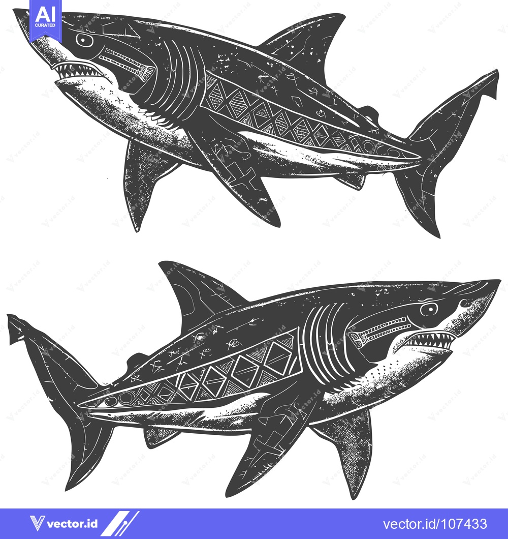 Premium Vector dari Two Detailed Black and White Great White Sharks with Tribal Patterns