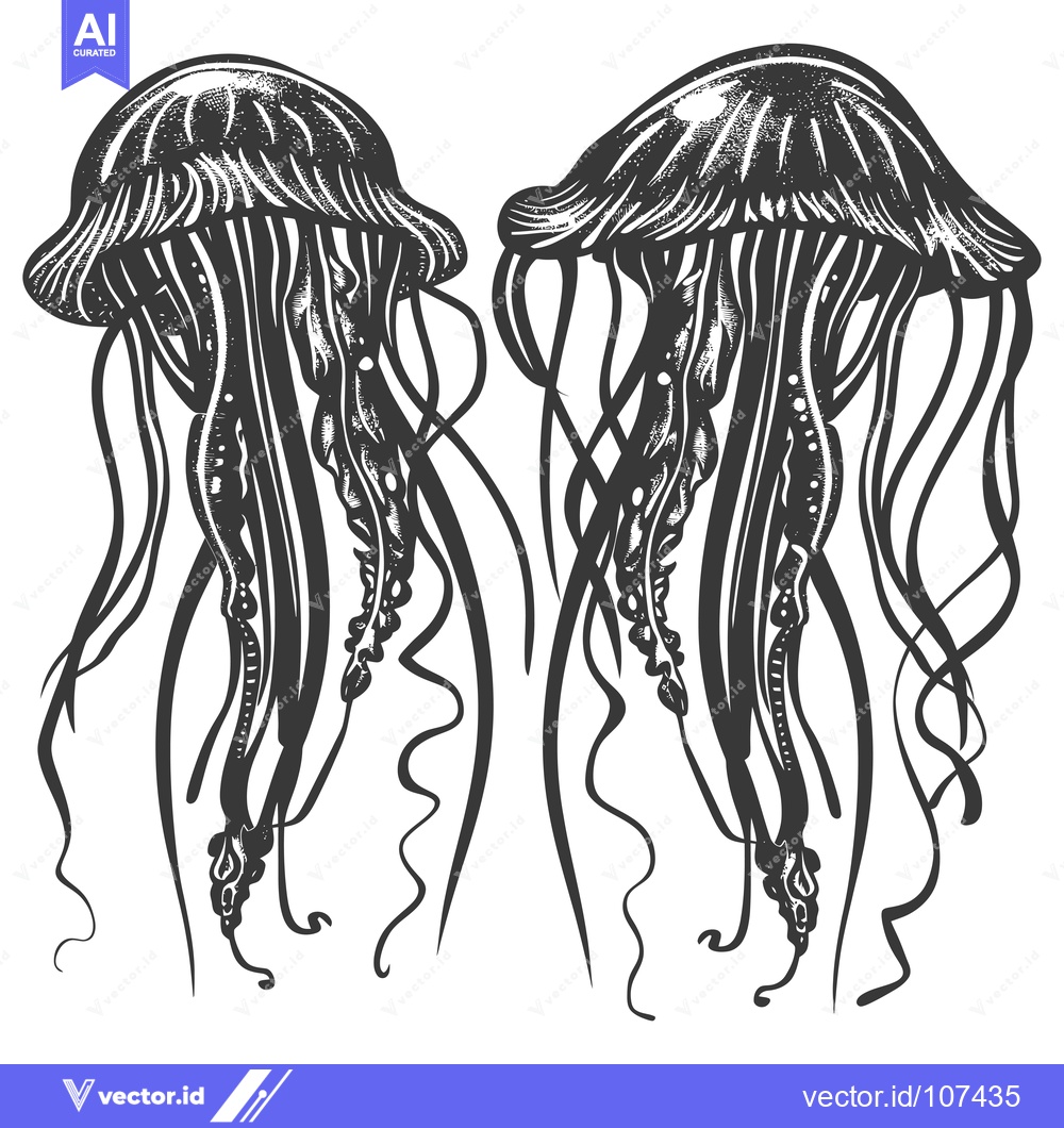 Premium Vector dari Two Detailed Black and White Illustrations of Jellyfish
