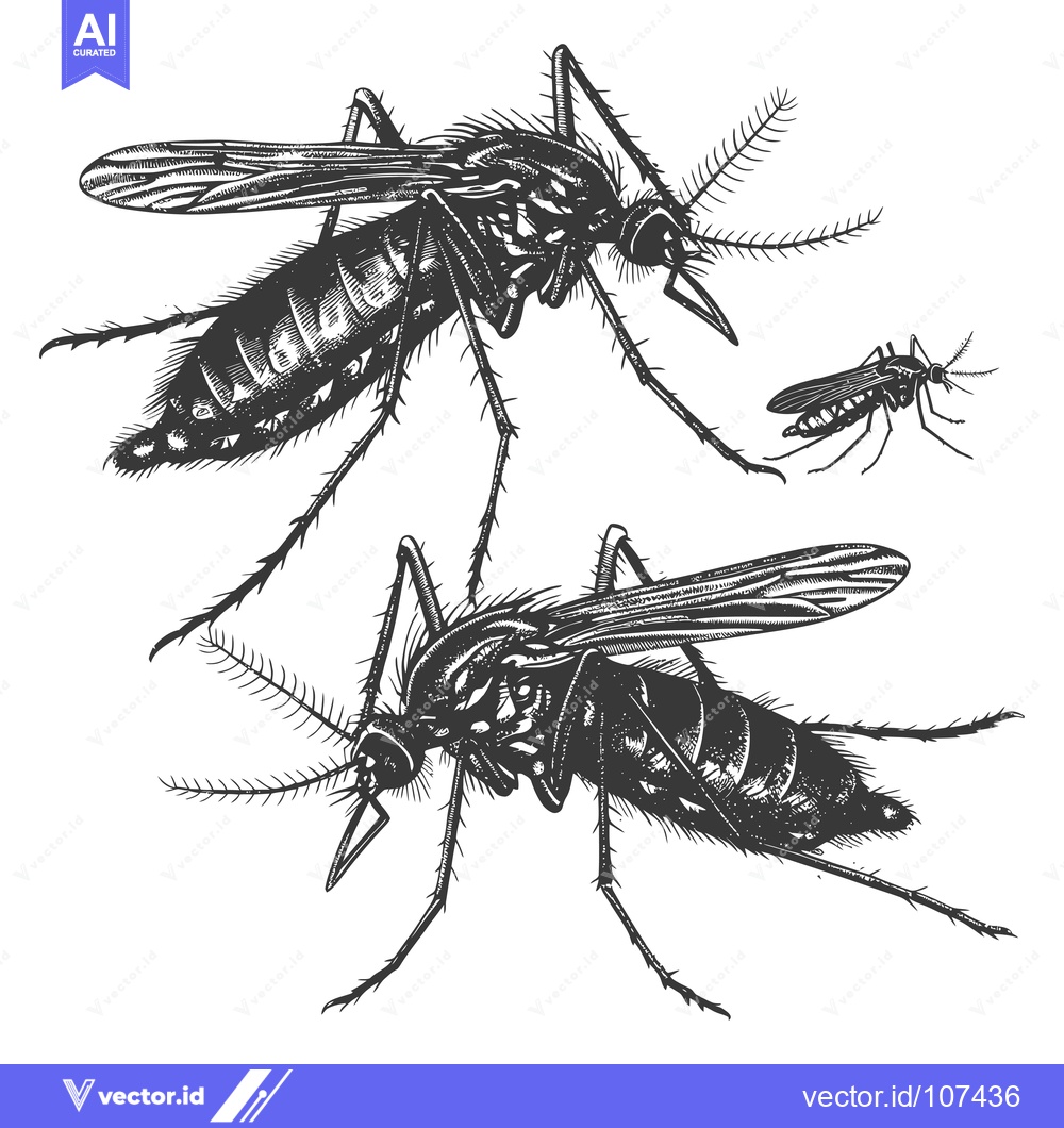 Premium Vector dari Two Detailed Black and White Illustrations of Mosquitoes