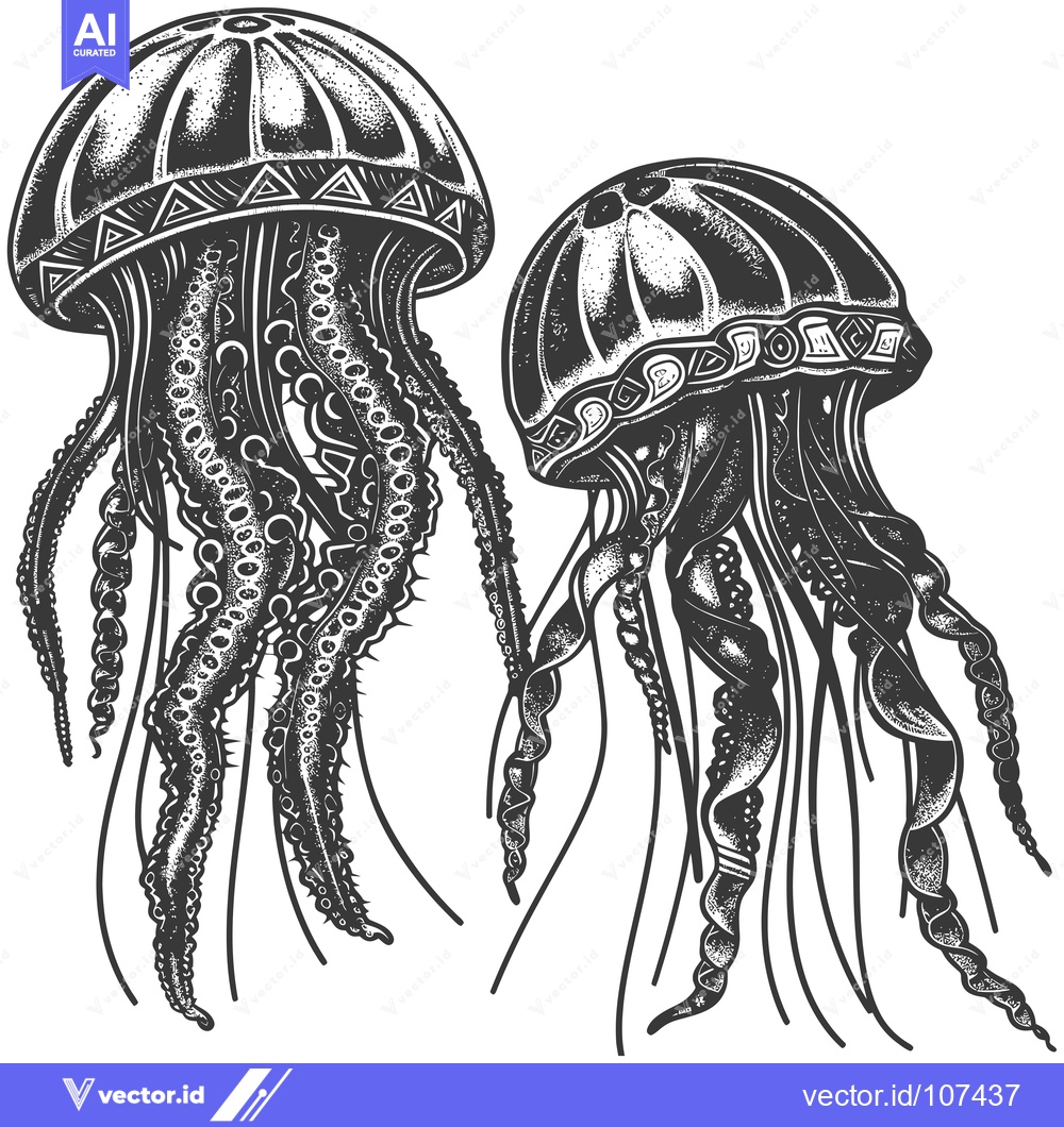 Premium Vector dari Two Detailed Black and White Jellyfish Illustrations