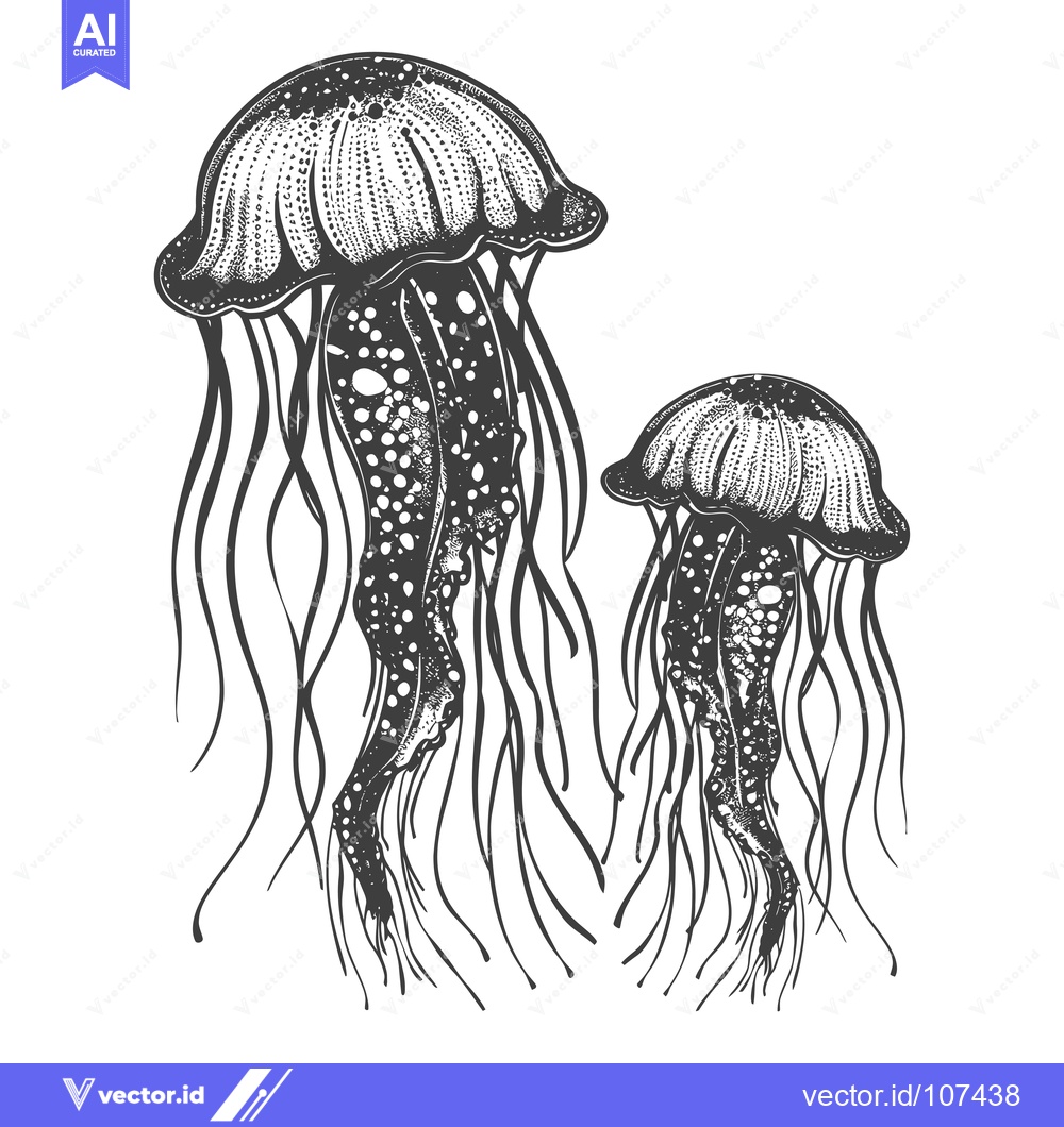 Premium Vector dari Two Detailed Black and White Jellyfish Illustrations