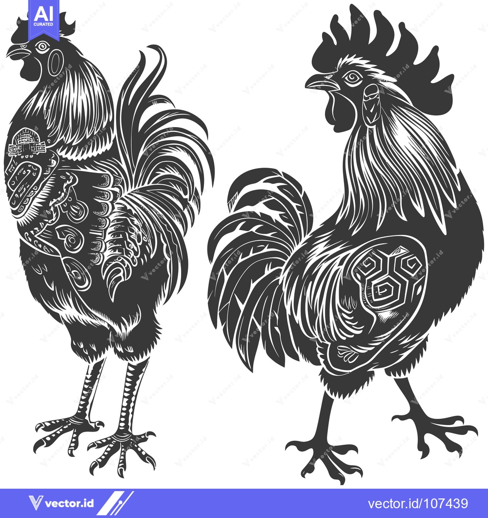Premium Vector dari Two Detailed Black and White Rooster Illustrations