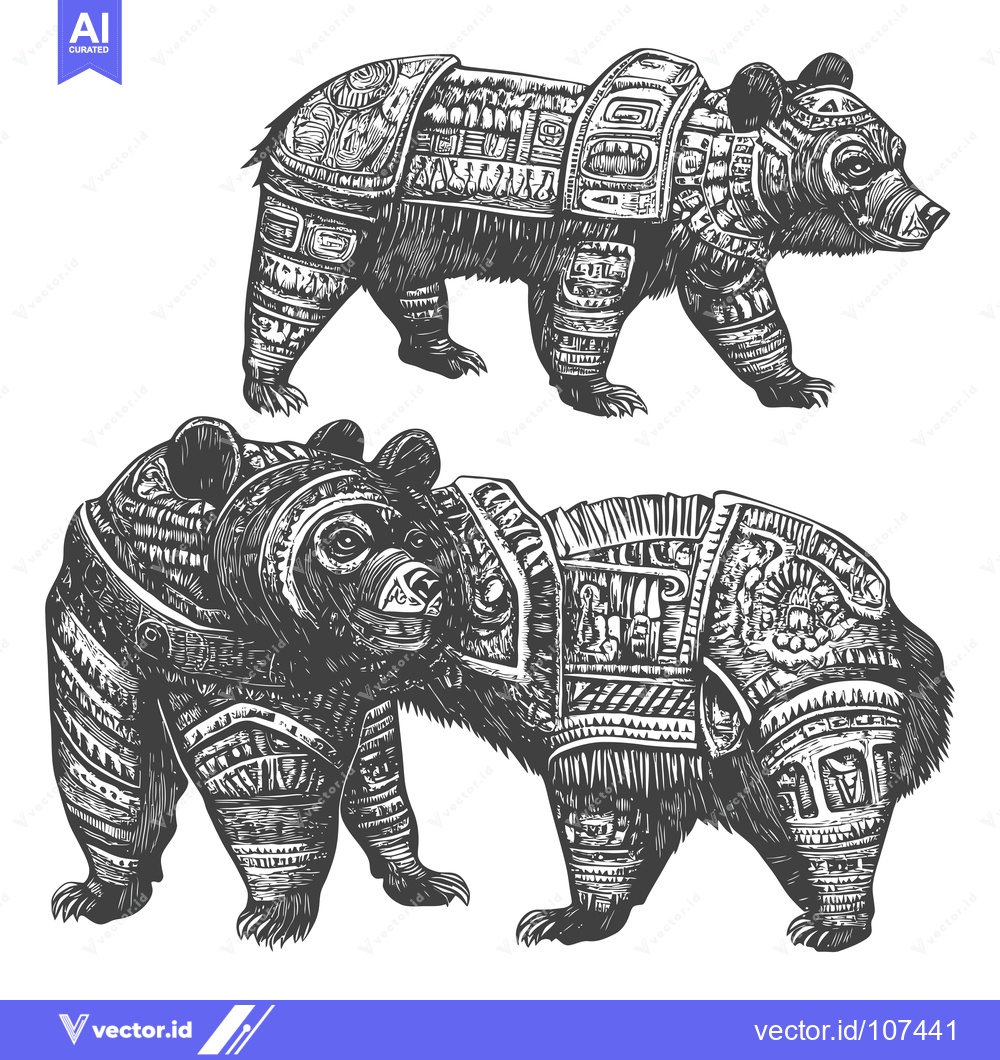 Premium Vector of Two Detailed Engraved Bears with Intricate Tribal Patterns