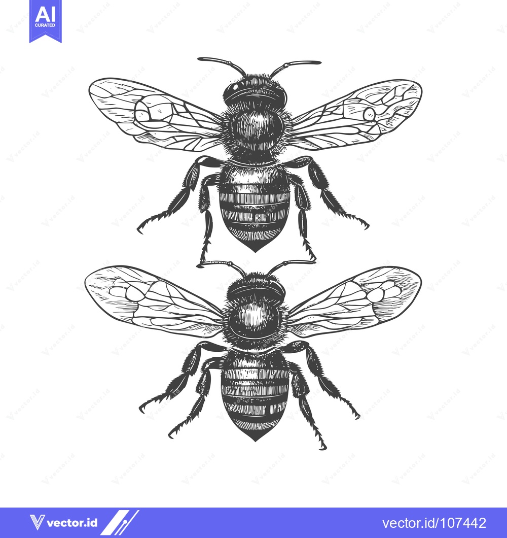 Premium Vector of Two Detailed Hand-Drawn Bees with Spread Wings