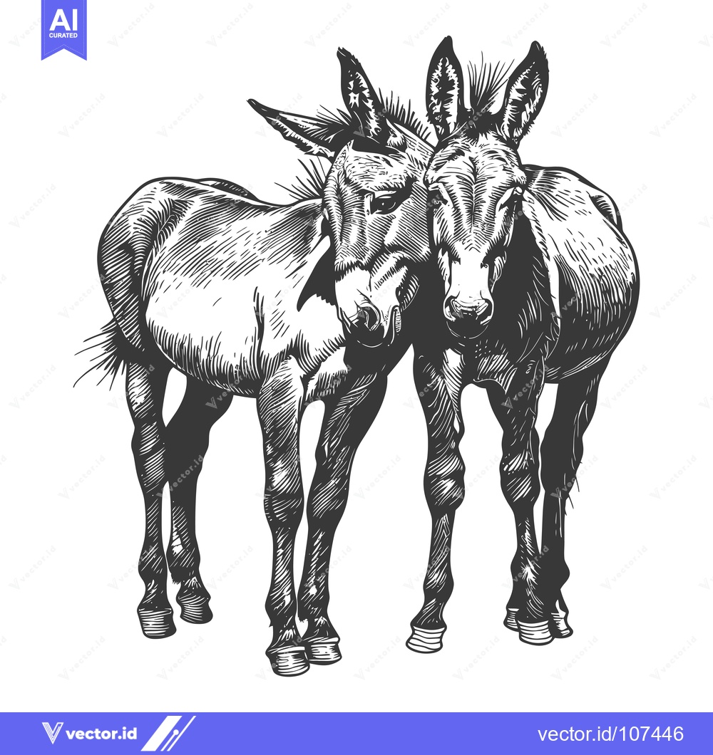 Premium Vector of Two Donkeys Standing Close Together in an Engraved Style
