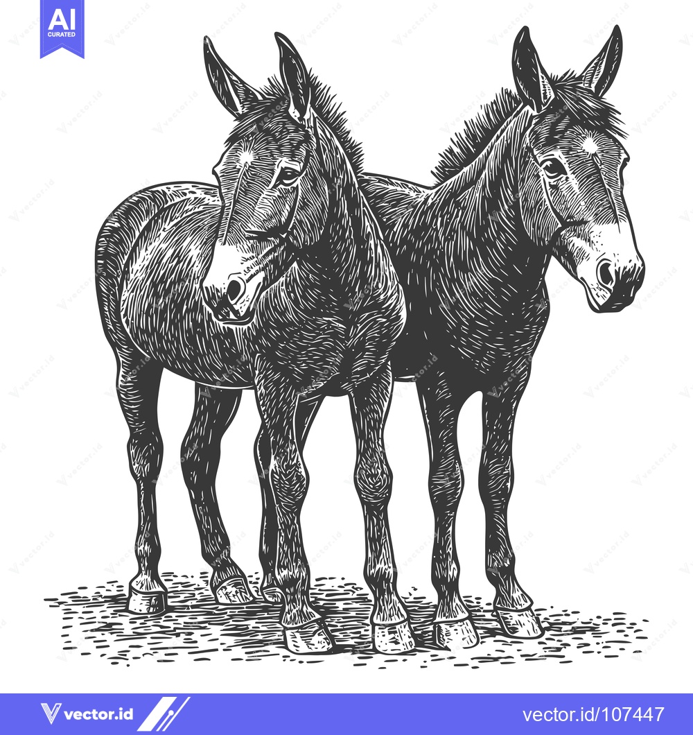 Premium Vector dari Two Donkeys Standing Side by Side in a Woodcut Style Illustration
