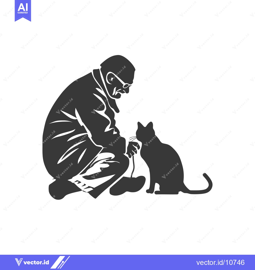 Premium Vector of A Black and White Silhouette of an Elderly Man Kneeling with a Cat