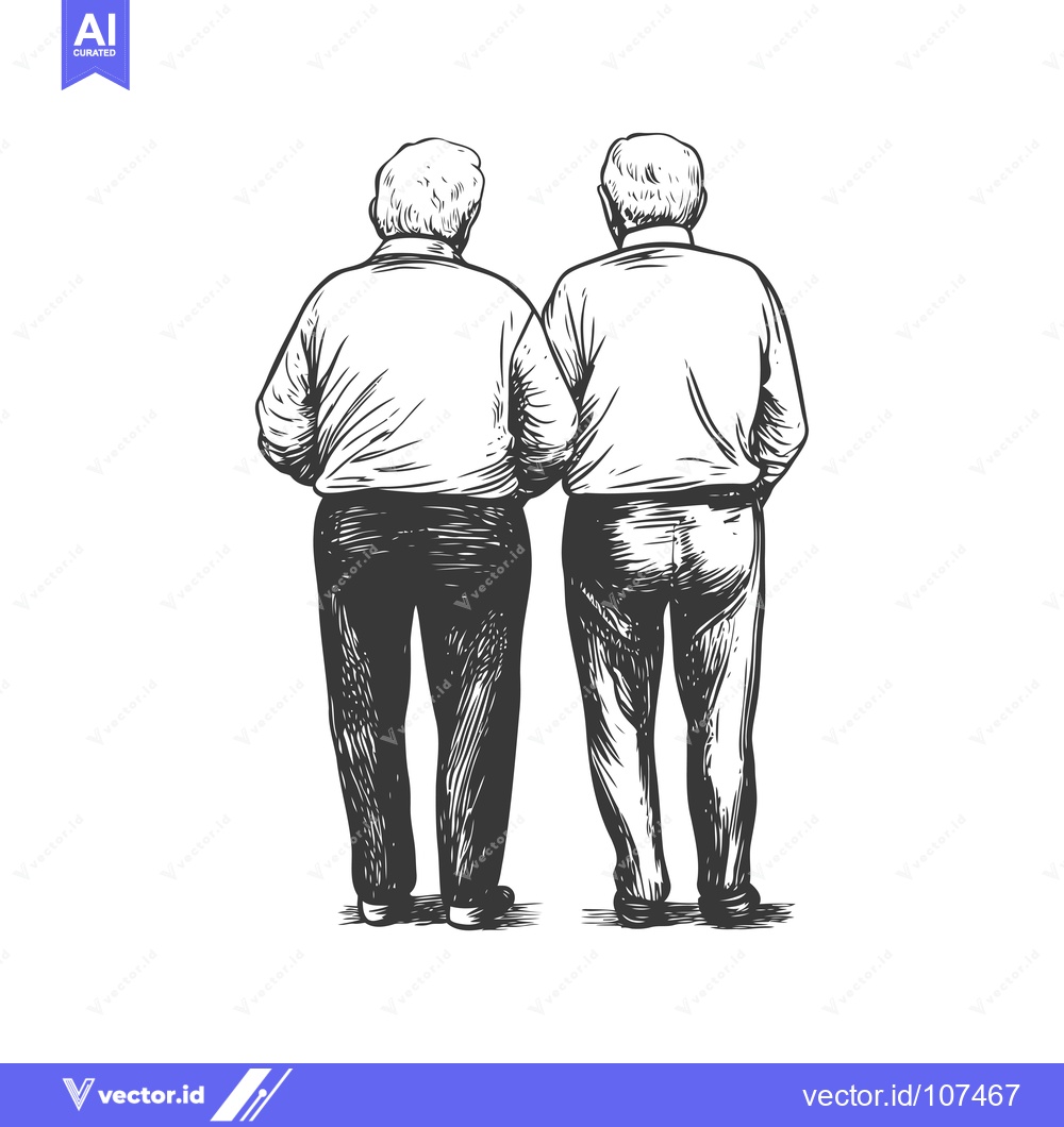 Premium Vector dari Two Elderly Men Standing Back-to-Back in Hand-Drawn Style