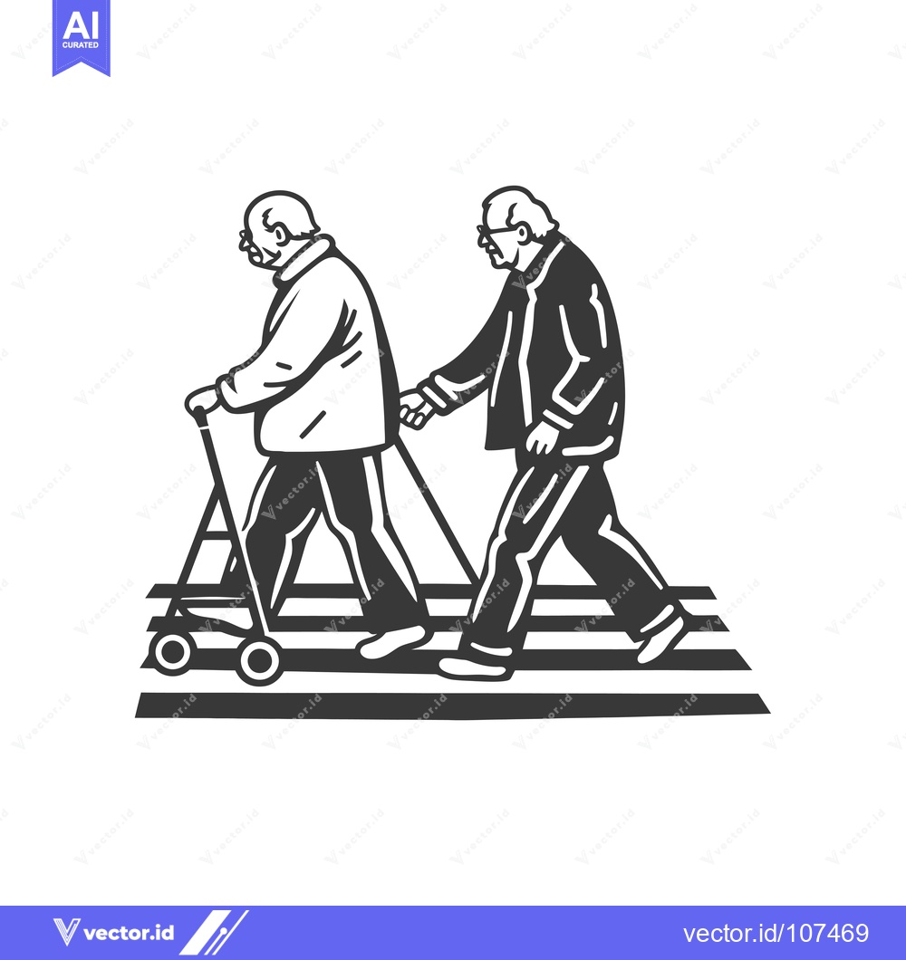 Premium Vector dari Two Elderly Men Walking Across a Crosswalk, One Using a Walker