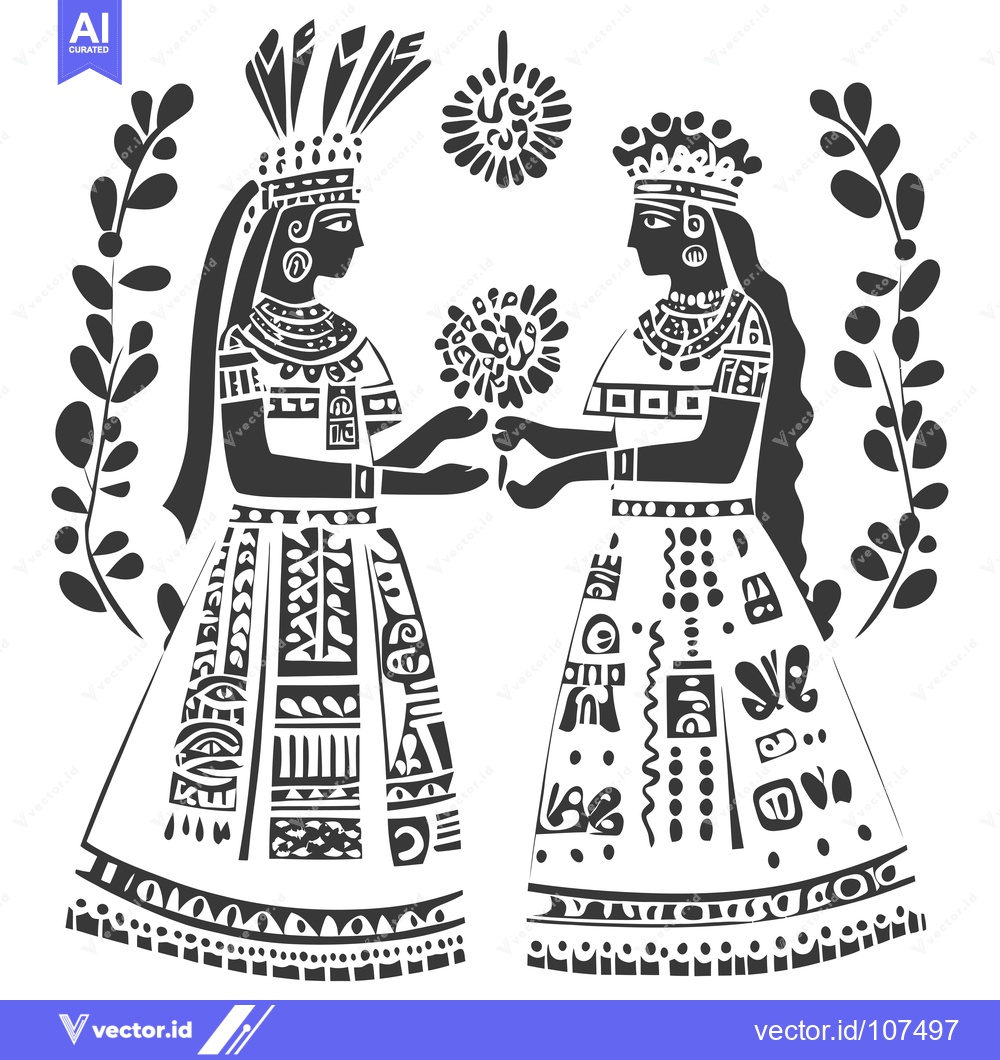 Premium Vector of Two Female Figures in Traditional Attire Holding a Stylized Flower