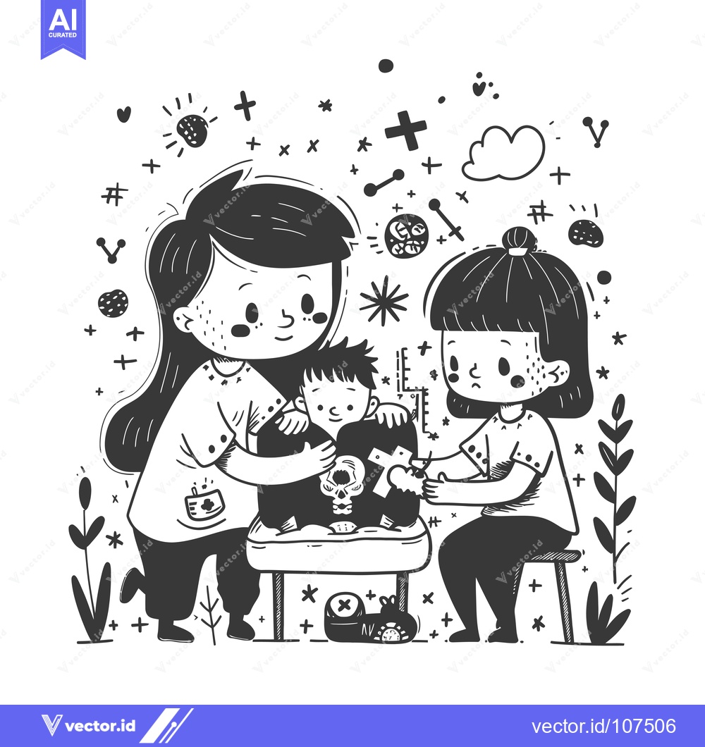 Premium Vector of Two girls comforting a boy with a skeleton illustration