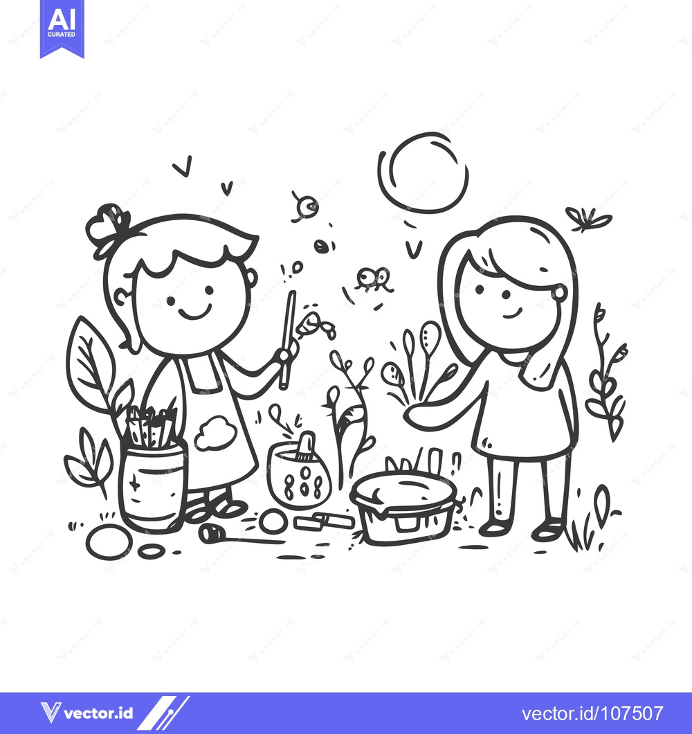 Premium Vector of Two Girls Drawing and Painting Outdoors with Supplies