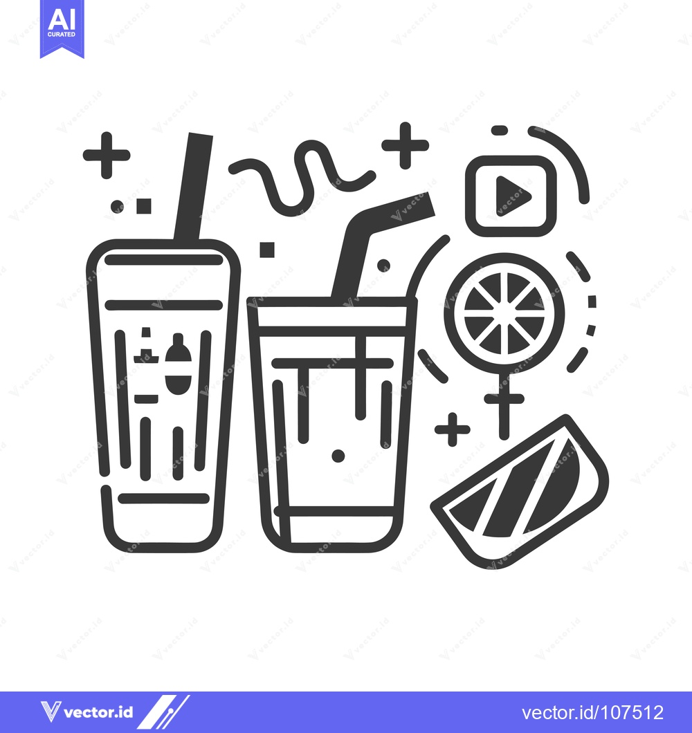 Premium Vector dari Two glasses with straws, a lemon wedge, a play button, and confetti