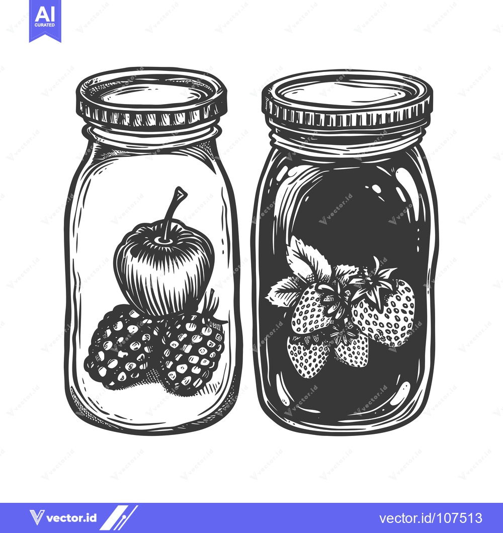 Premium Vector of Two Glass Jars Filled with Fruit, One with an Apple and Blackberries,