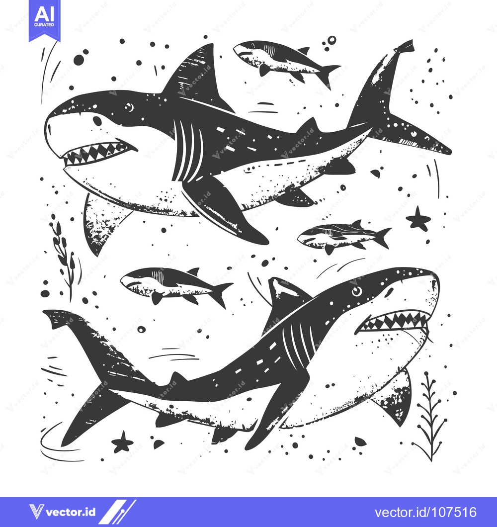 Premium Vector of Two Great White Sharks Swimming Through a School of Fish