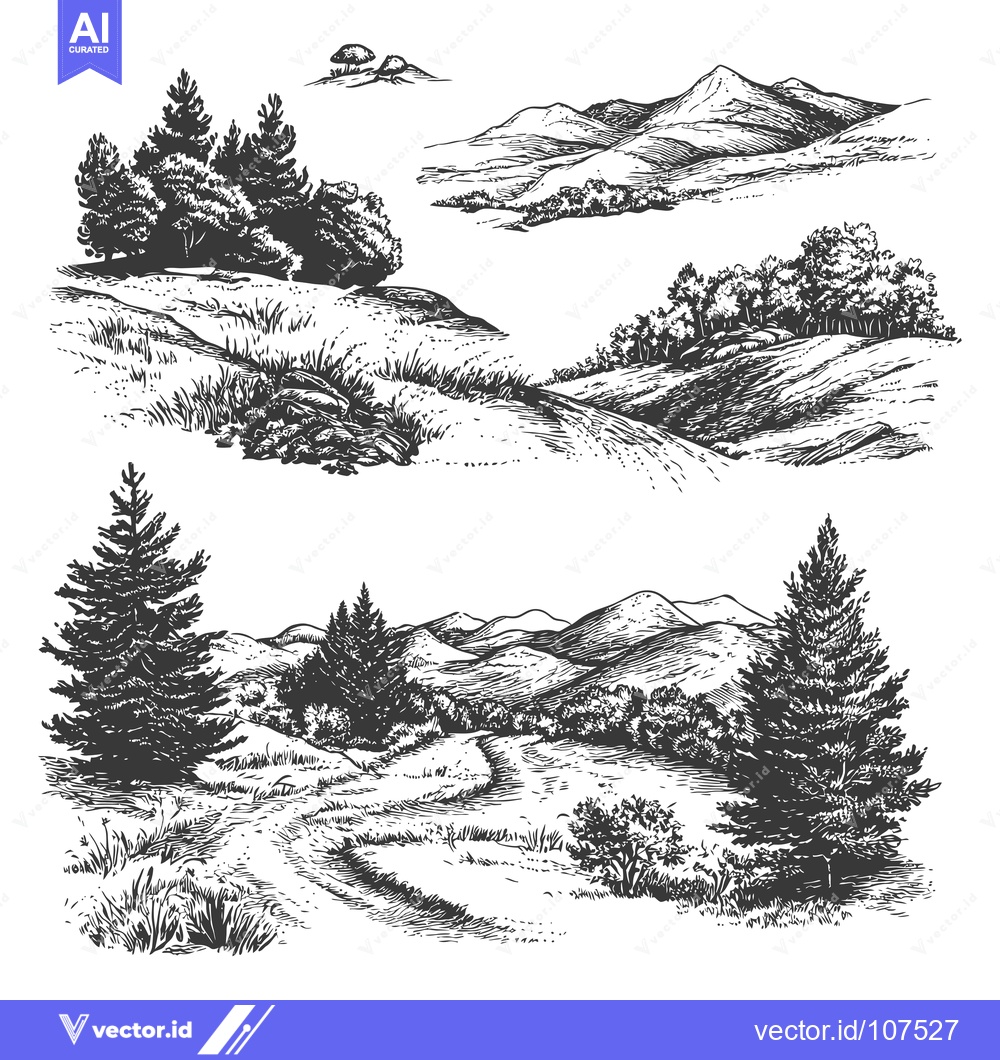 Premium Vector dari Two Hand-Drawn Sketches of Mountainous Landscapes with Trees and Windi