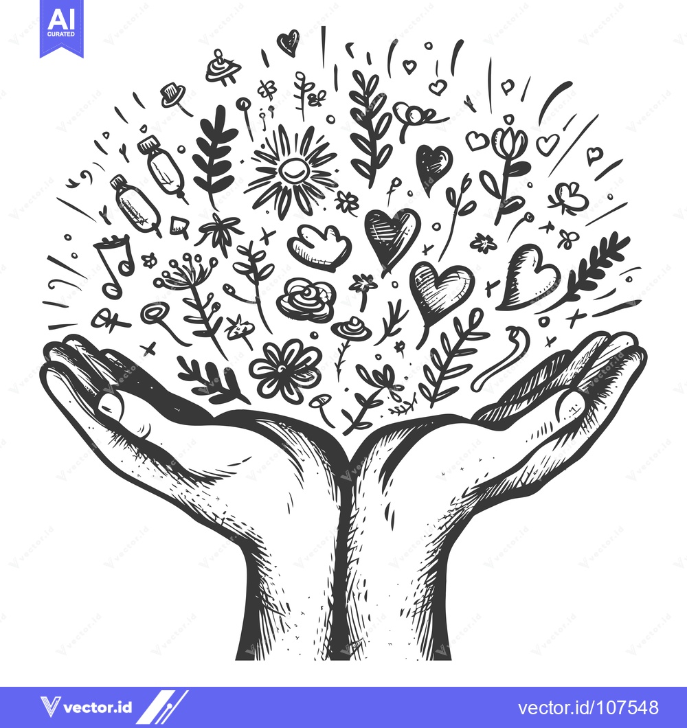 Premium Vector dari Two Hands Holding a Collection of Drawn Flowers, Hearts, and Other Obj