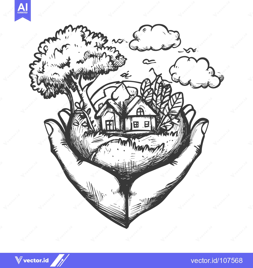 Premium Vector dari Two Hands Holding a Miniature World with a House, Tree, and Clouds