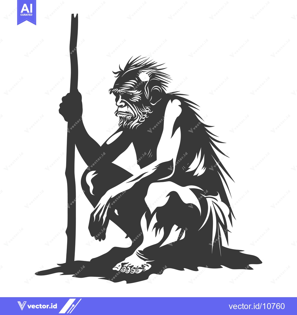 Premium Vector of A Black and White Silhouette of a Primitive Human Holding a Staff