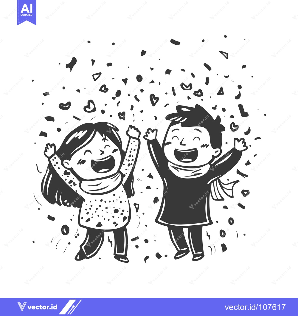 Premium Vector dari Two Happy Cartoon Characters Celebrated With Confetti
