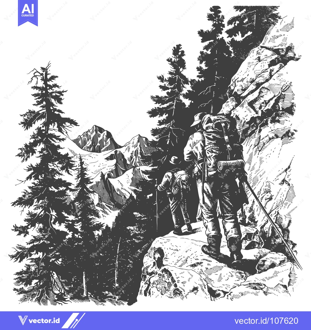 Premium Vector dari Two Hikers Ascending a Mountainous Ridge with Backpacks and Hiking Sti