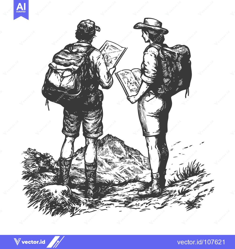 Premium Vector of Two Hikers Examining a Map on a Mountain Peak