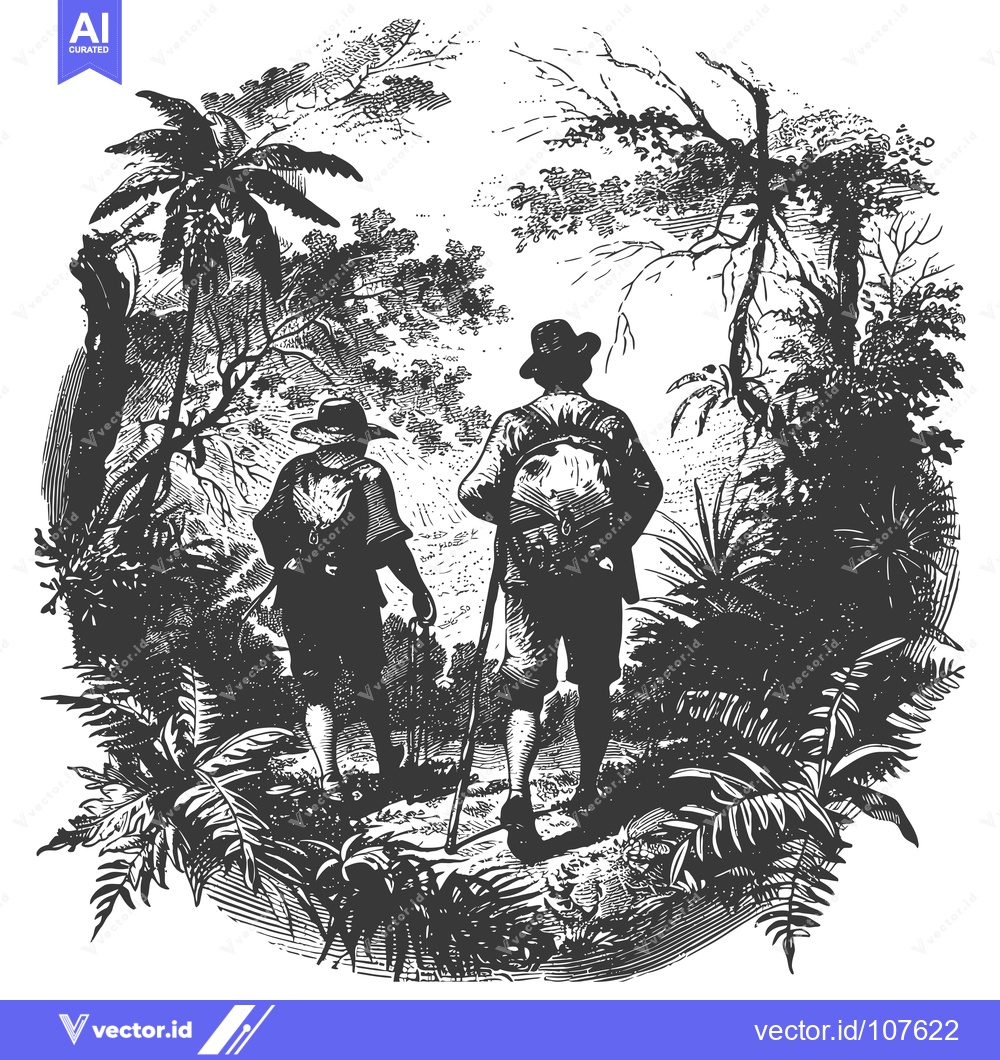 Premium Vector of Two Hikers Walking Through a Lush Tropical Forest
