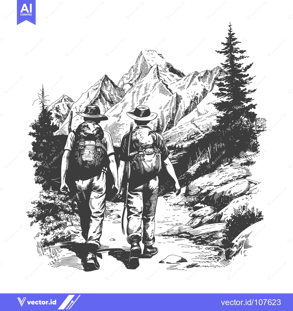 Premium Vector of Two Hikers Walking Through a Mountain Landscape