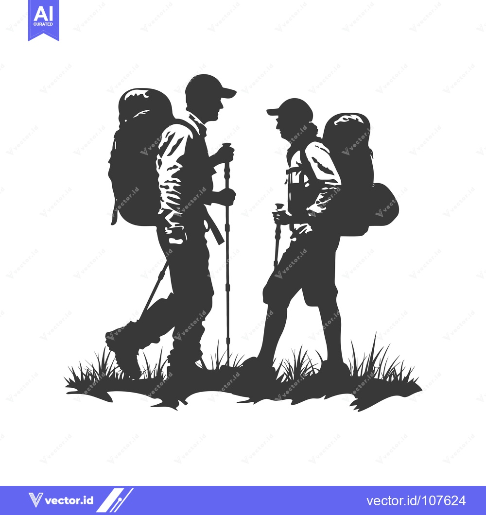 Premium Vector dari Two Hikers with Backpacks and Trekking Poles in Silhouette