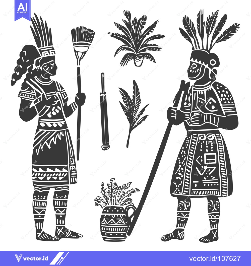 Premium Vector dari Two Indigenous Figures in Traditional Attire with Plants and Tools
