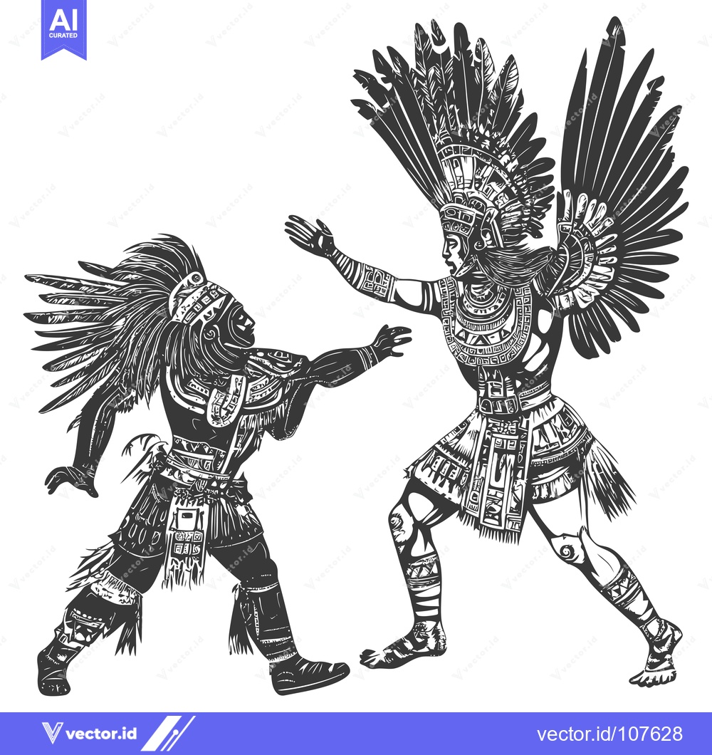 Premium Vector of Two Indigenous Figures in Traditional Dress Engage in a Ritualistic En