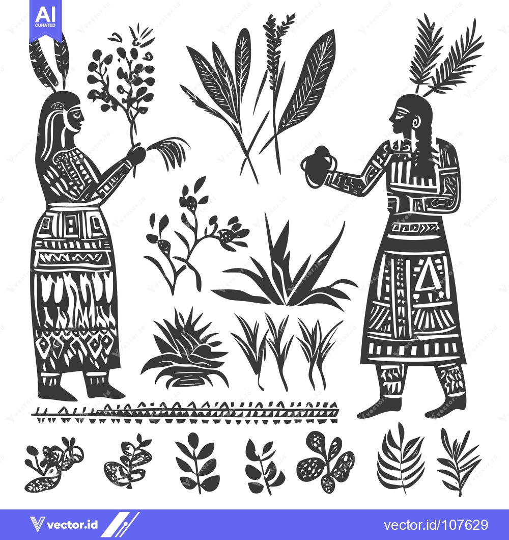 Premium Vector dari Two Indigenous Figures with Geometric Patterns and Floral Elements