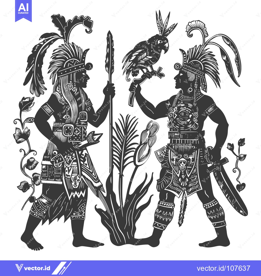 Premium Vector dari Two Indigenous Warriors with a Parrot and Plants
