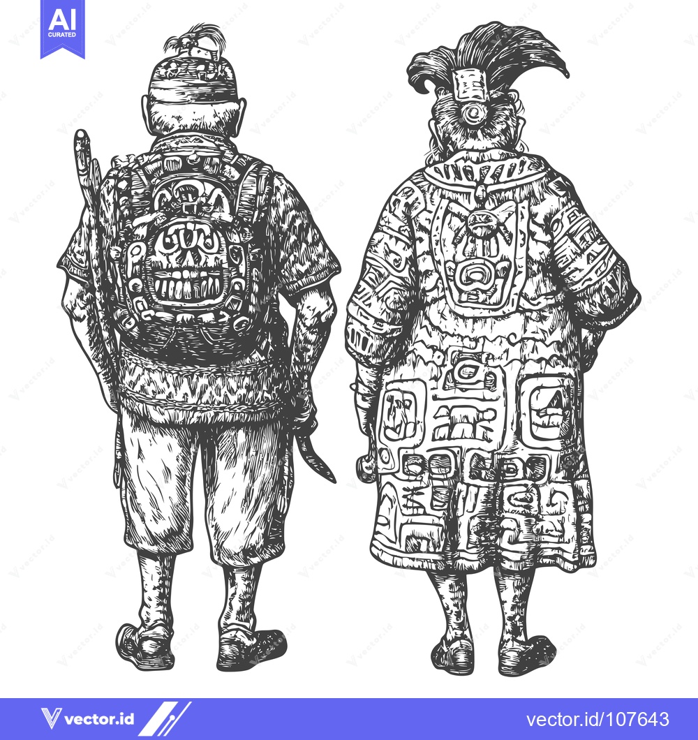 Premium Vector of Two Individuals in Traditional Mayan Garb with Detailed Patterns and O