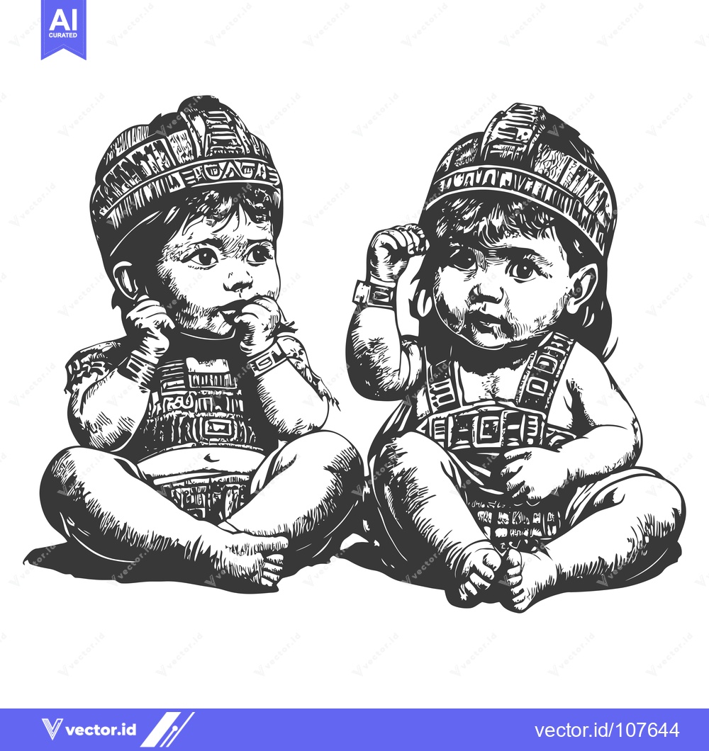 Premium Vector of Two Infants in  Intricate Hats  and  Outfits