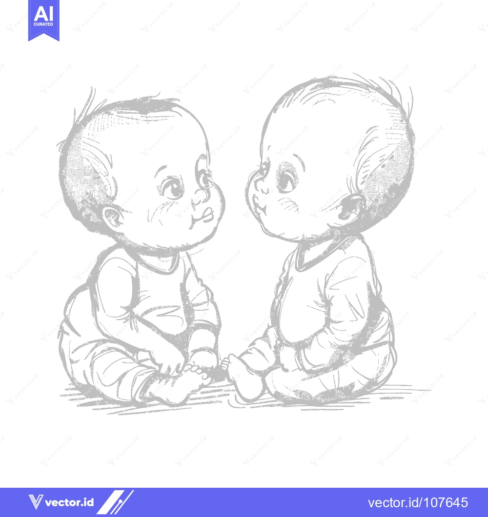 Premium Vector dari Two Infants Sitting Side-by-Side, Drawn in a Gray Sketch Style