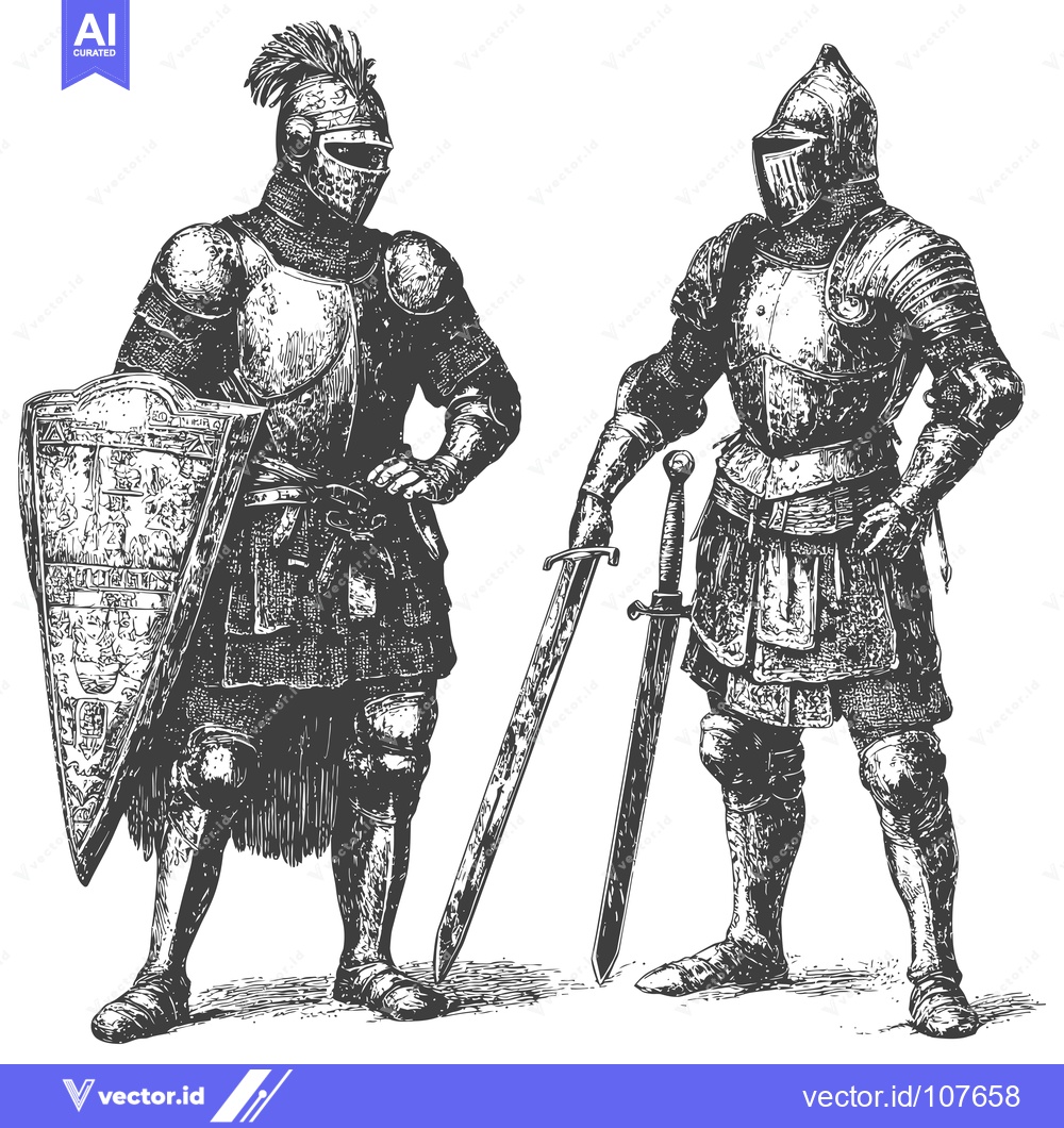 Premium Vector dari Two Knights in Full Armor Holding Swords and Shield