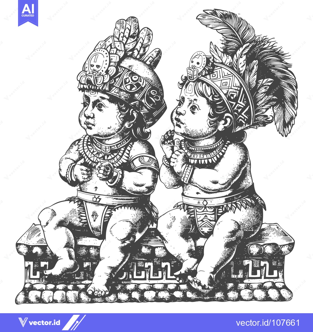 Premium Vector of Two Mayan Children in Traditional Headdresses Sitting on a Stone Platf
