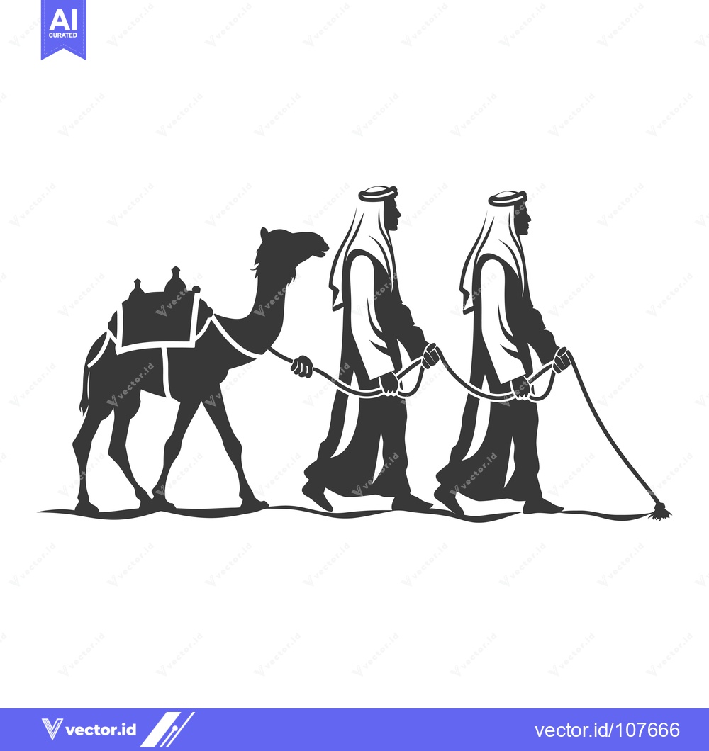 Premium Vector dari Two Men in Traditional Arab Clothing Leading a Camel