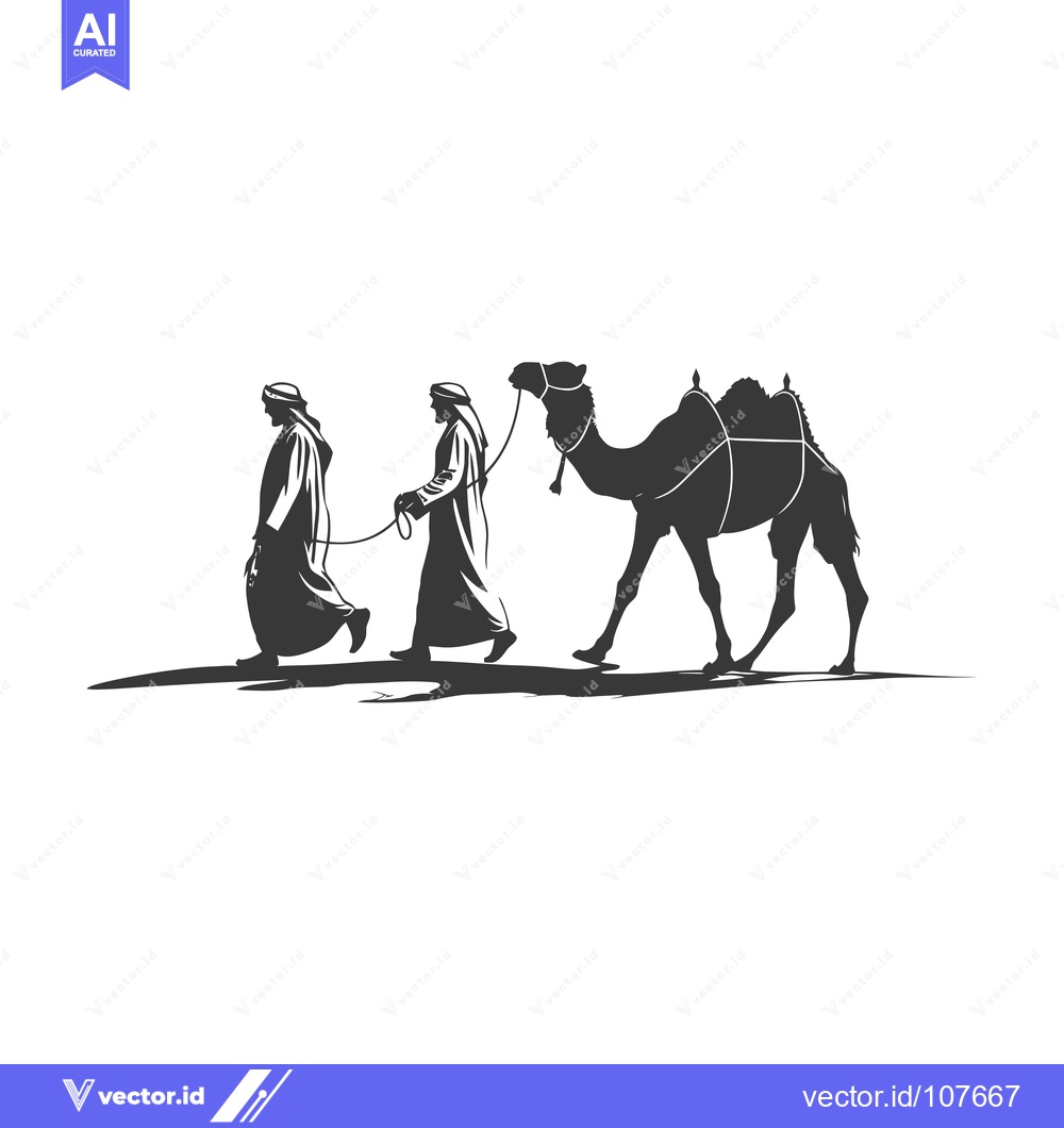 Premium Vector dari Two Men in Traditional Garb Leading a Camel