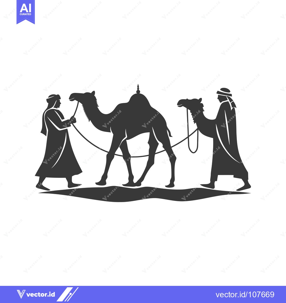 Premium Vector dari Two Men Leading a Camel Across a Desert Landscape