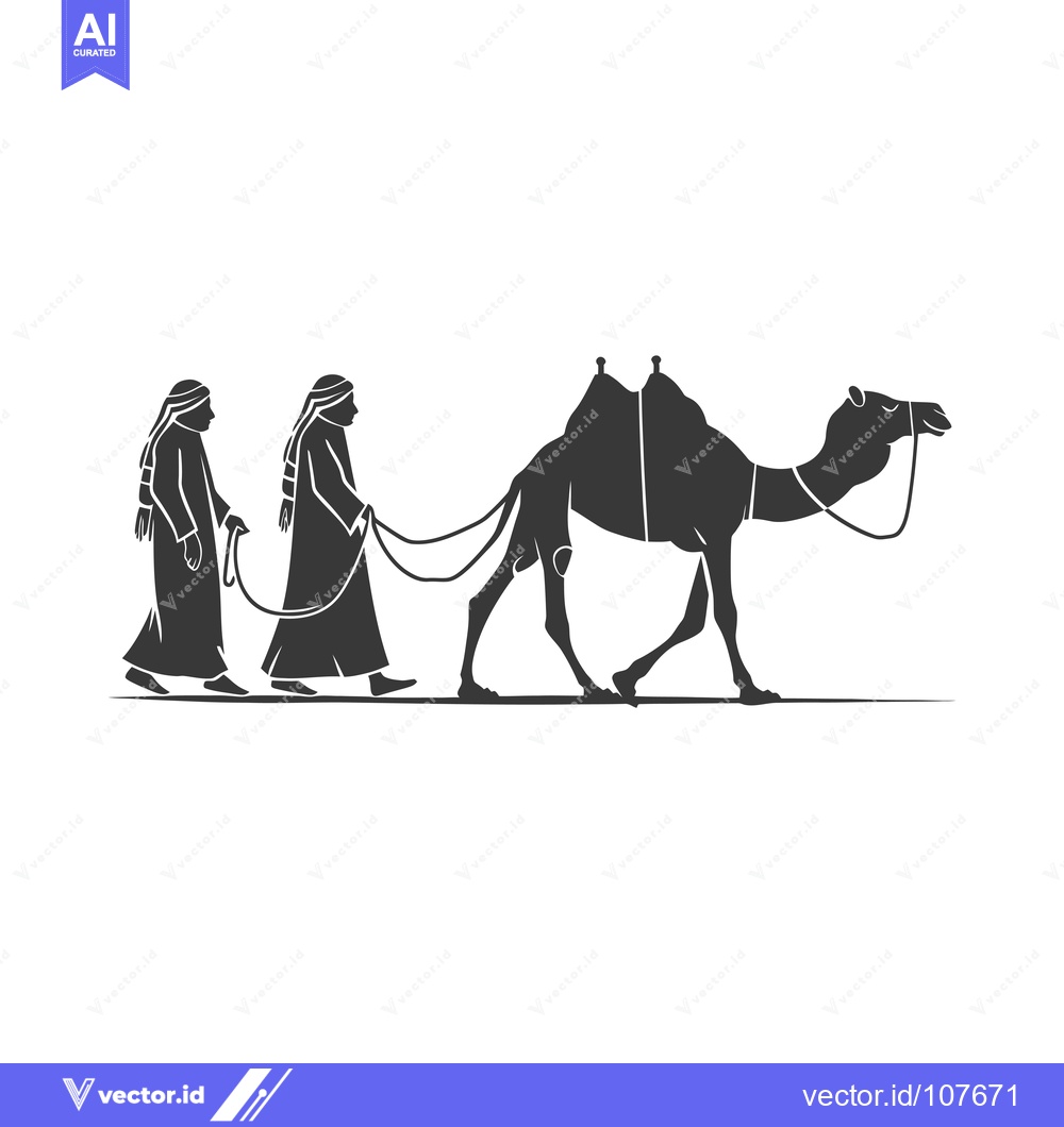 Premium Vector of Two Men Leading a Camel in Silhouette
