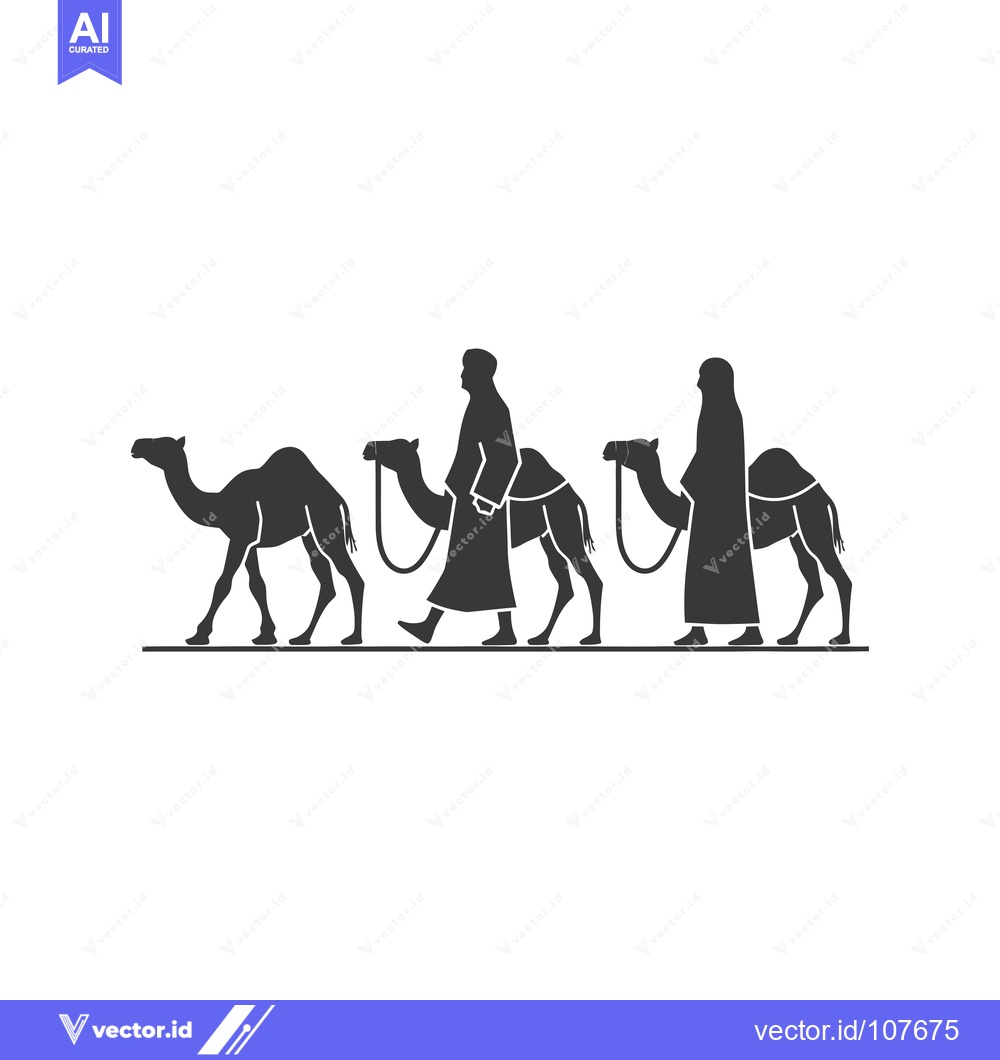 Premium Vector of Two Men Leading Camels in Silhouette