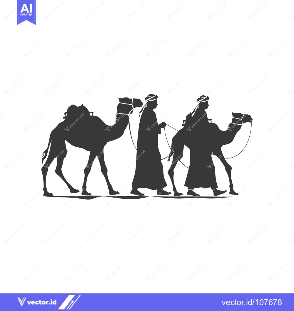 Premium Vector of Two Men Riding Camels, Silhouette Illustration