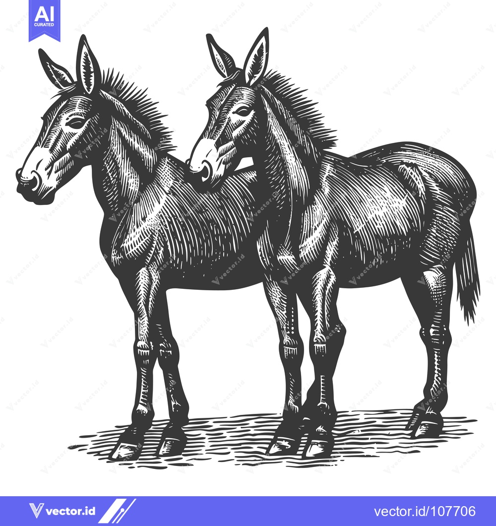 Premium Vector dari Two Mules Standing Side by Side in Black and White Woodcut Style